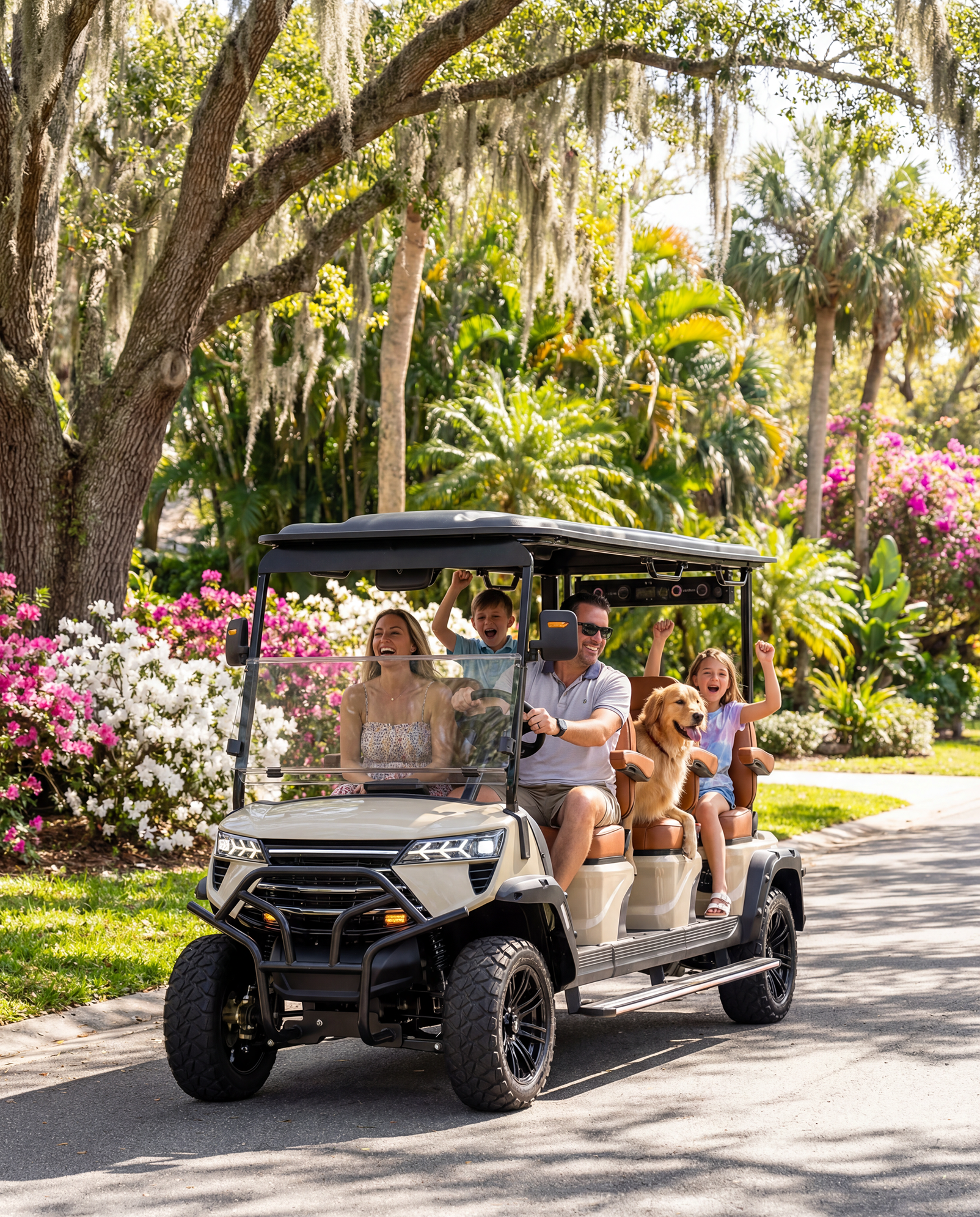 Family with dog riding Edge-EV through resort